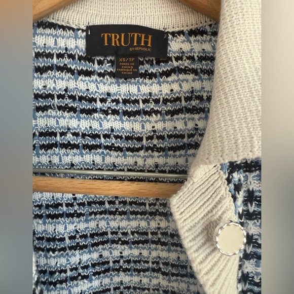 Truth By Republic Quiet Luxury Knit Cardigan XS Blue with Cream Trim - Picture 2 of 6